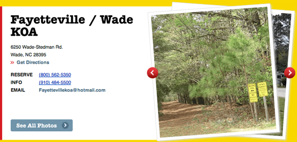 Campground Sponsor: Fayetteville/Wade KOA in Wade, NC 1